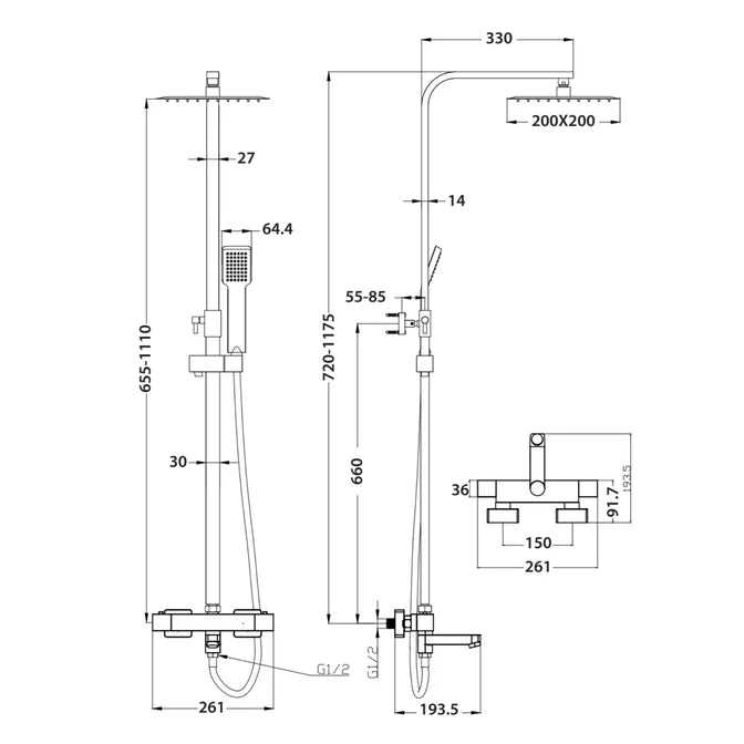 Block Square Rigid Riser Shower with Bath Filler